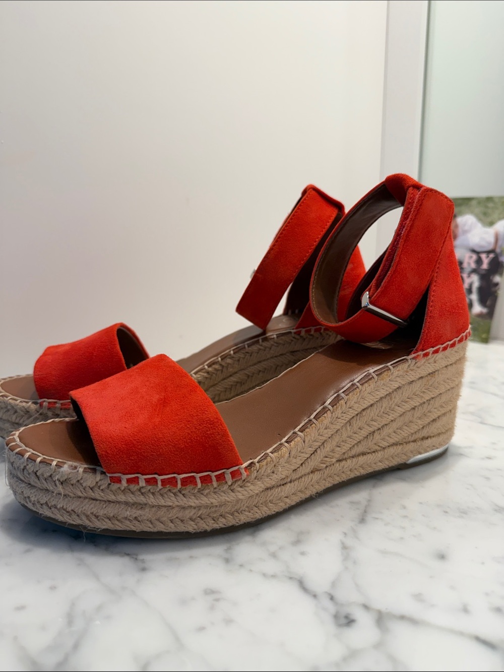Franco Sarto Orange/Red Suede Espadrille Wedge Sandals with Ankle Strap